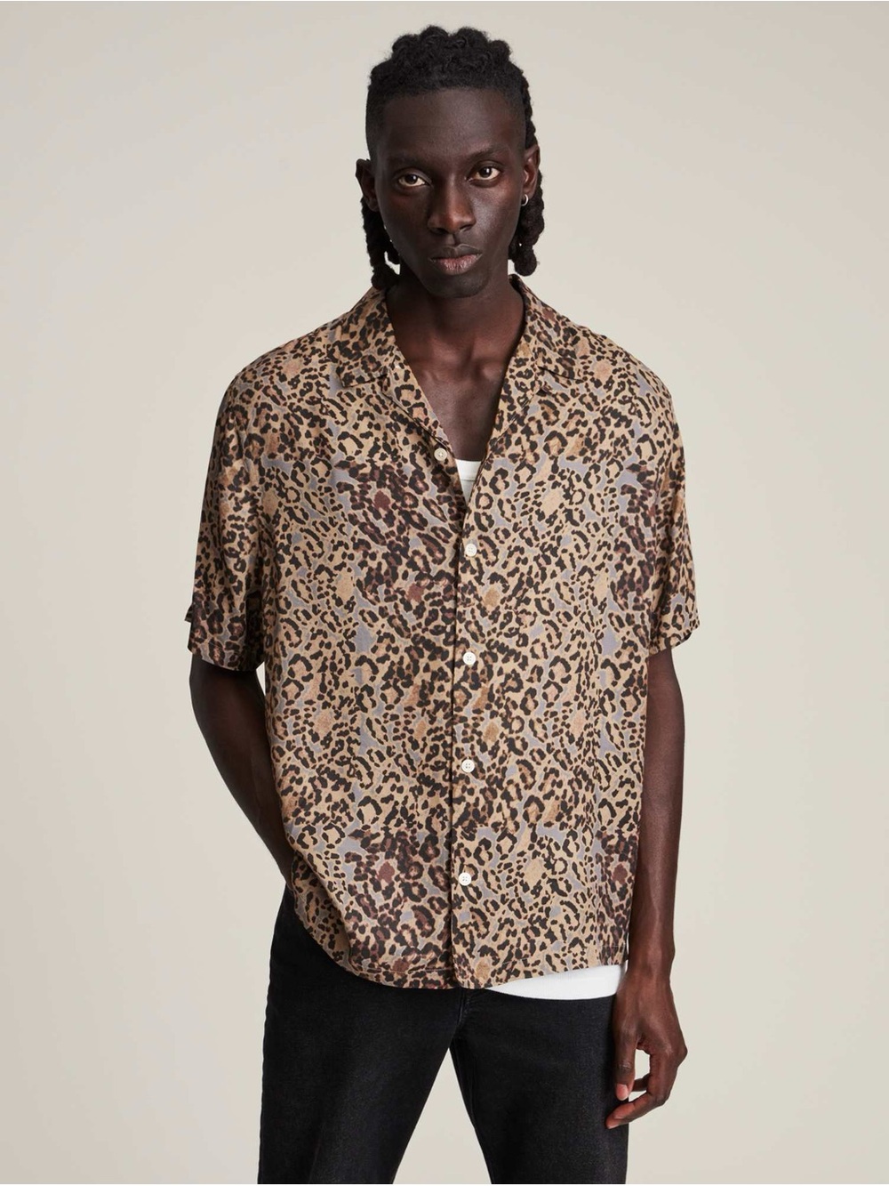 All Saints Brown Leopard Print Short Sleeve Button-Down Shirt